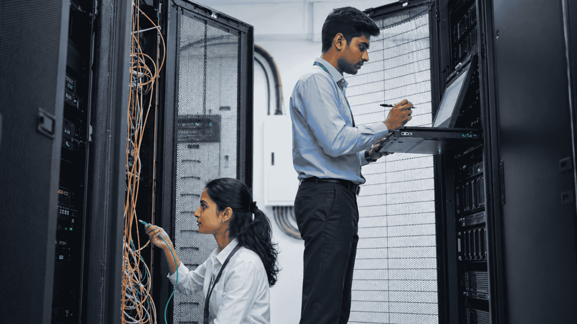 IT professionals in a modern server room