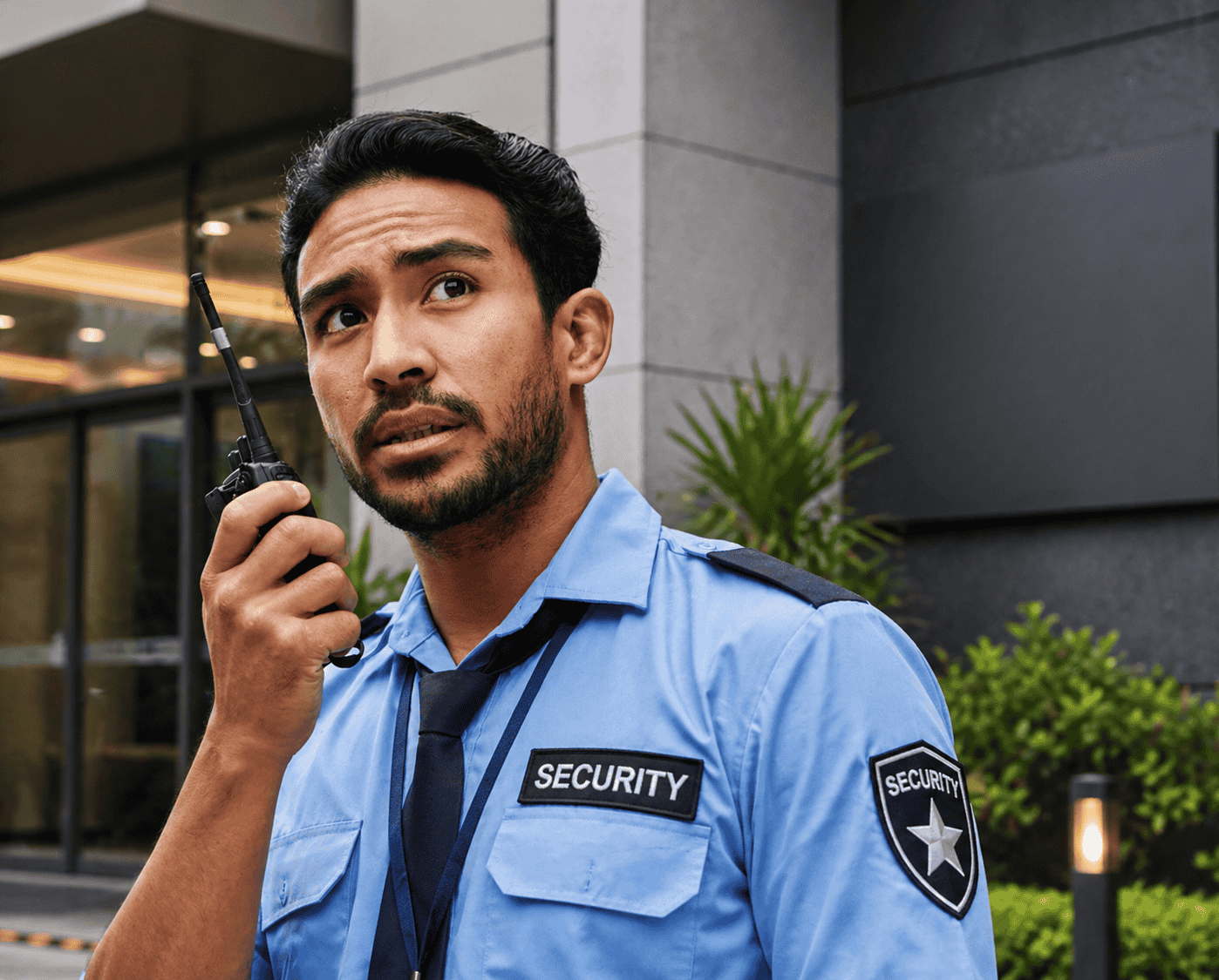 Security guard at building entrance